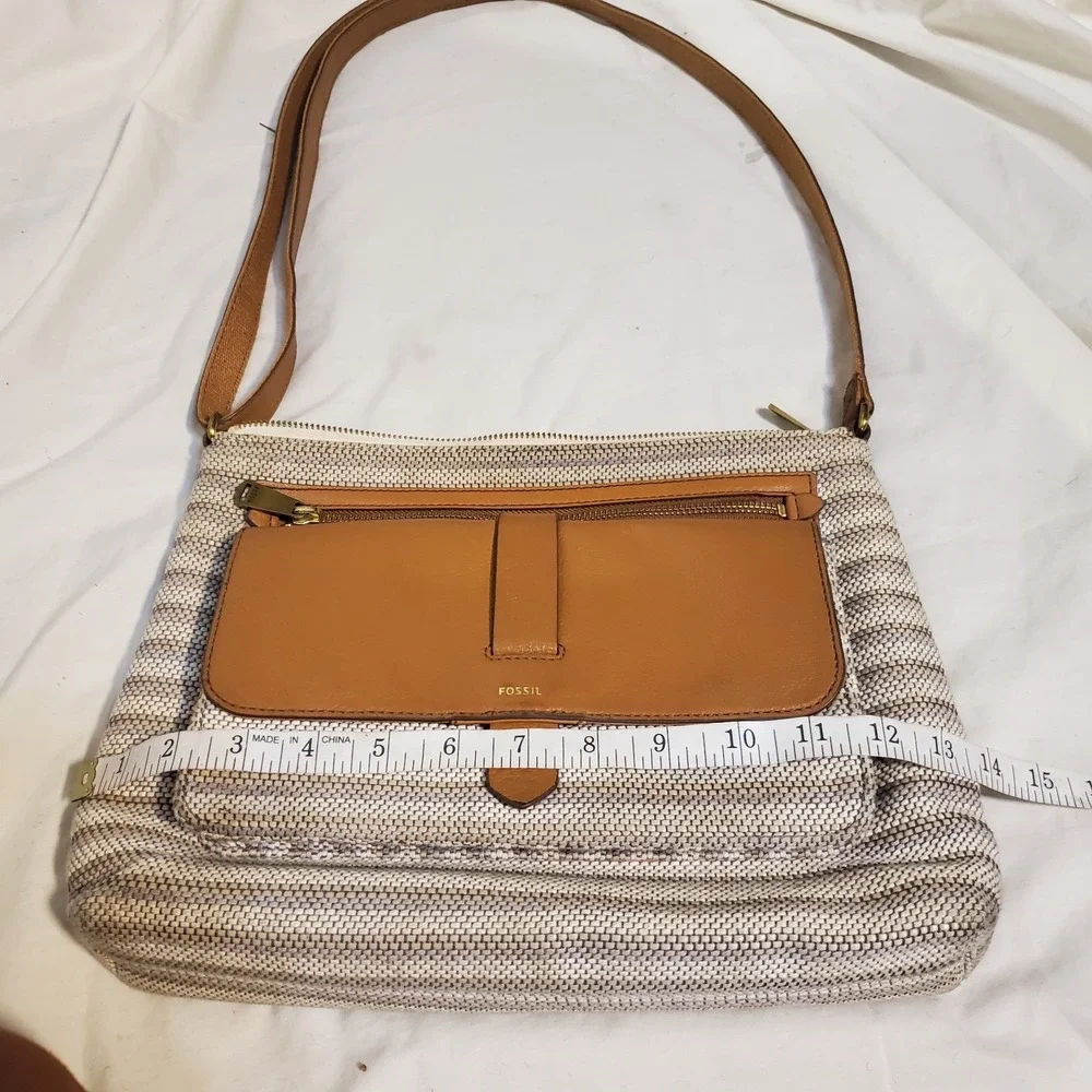 Fossil Women's Kinley Crossbody Tan‎ Bag Leather & Canvas Med Adj Strap